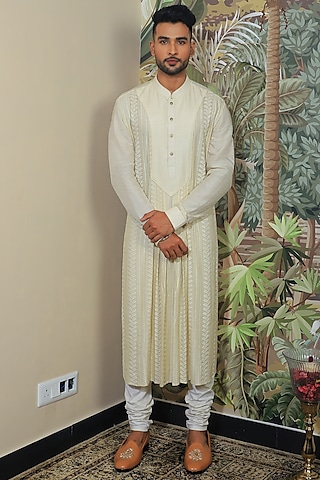 Beige Silk & Stretch Cotton Embroidered Anarkali Set by YAJY By Aditya Jain