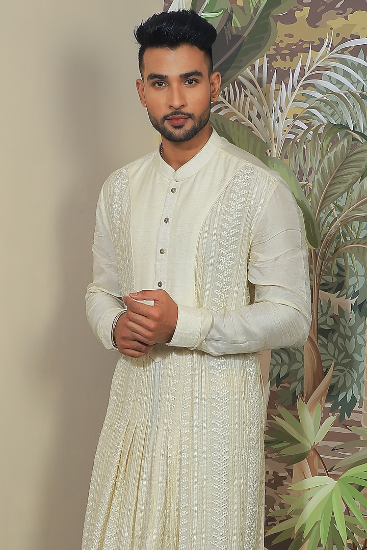 Beige Silk & Stretch Cotton Embroidered Anarkali Set by YAJY By Aditya Jain at Pernia's Pop Up Shop