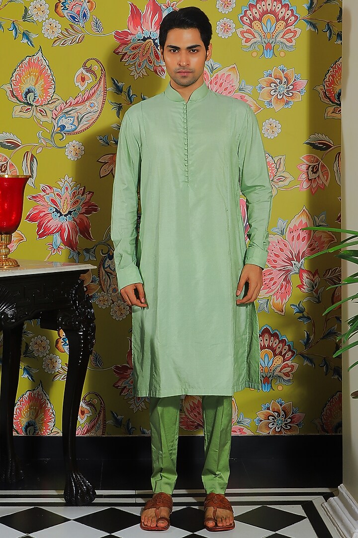 Mint Green Silk & Stretch Cotton Kurta Set by YAJY By Aditya Jain at Pernia's Pop Up Shop