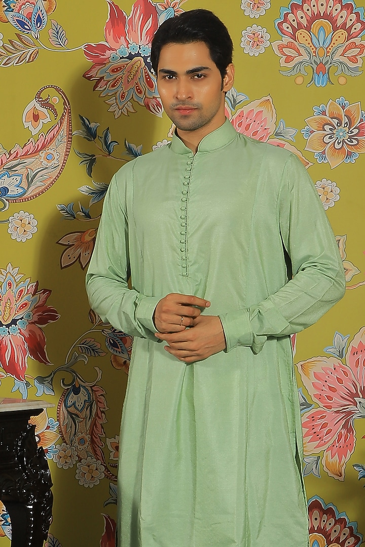 Mint Green Silk & Stretch Cotton Kurta Set by YAJY By Aditya Jain at Pernia's Pop Up Shop