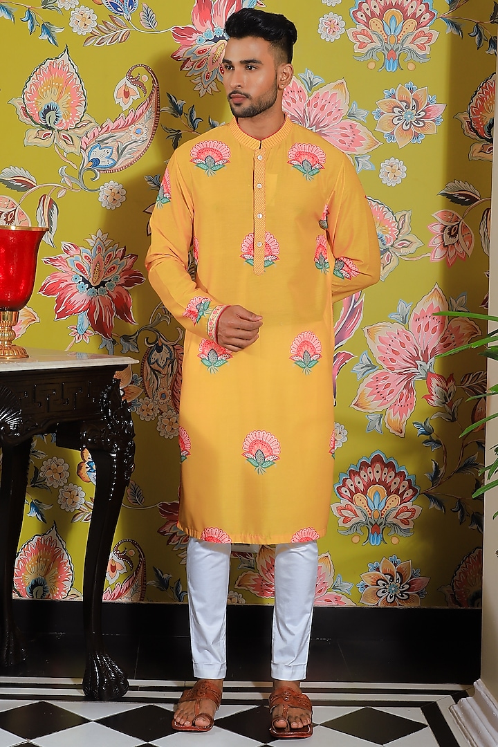 Yellow Silk & Stretch Cotton Printed Kurta Set by YAJY By Aditya Jain at Pernia's Pop Up Shop