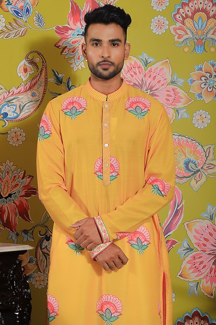 Yellow Silk & Stretch Cotton Printed Kurta Set by YAJY By Aditya Jain at Pernia's Pop Up Shop