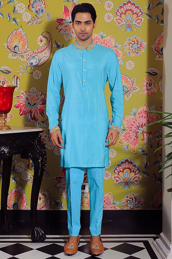 Neon Blue Linen Satin & Stretch Cotton Kurta Set by YAJY By Aditya Jain at Pernia's Pop Up Shop