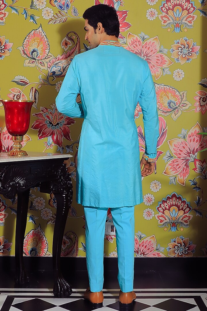 Neon Blue Linen Satin & Stretch Cotton Kurta Set by YAJY By Aditya Jain at Pernia's Pop Up Shop