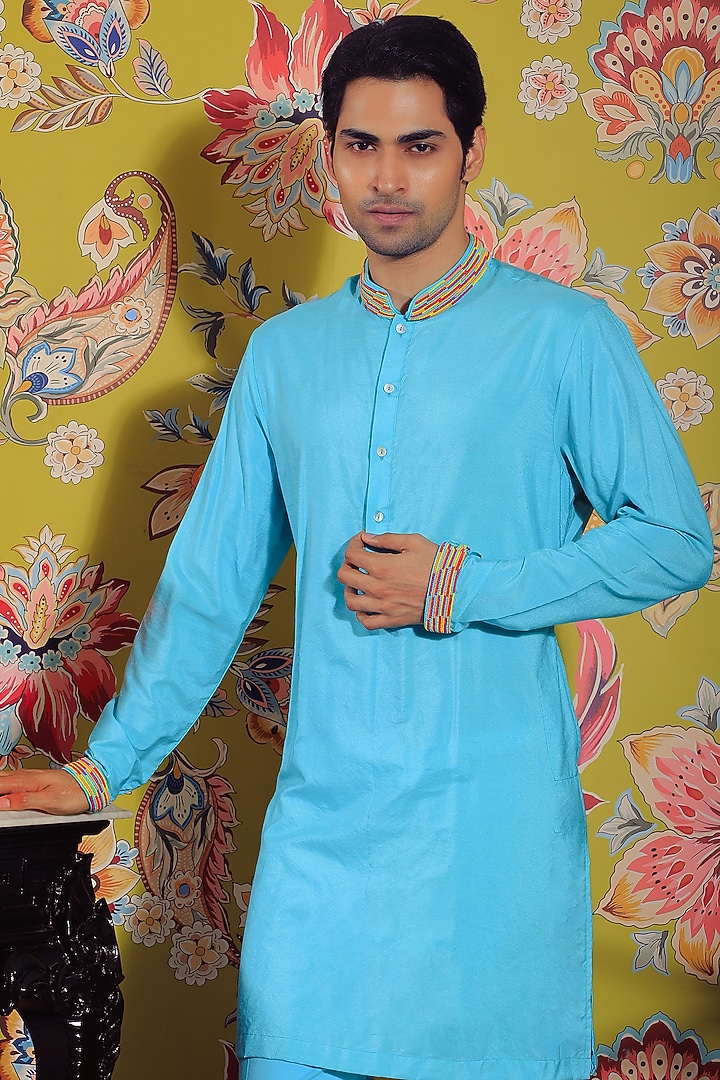 Neon Blue Linen Satin & Stretch Cotton Kurta Set by YAJY By Aditya Jain at Pernia's Pop Up Shop