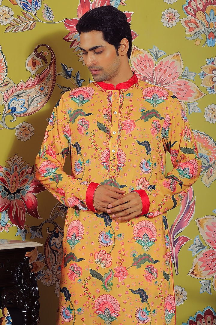 Yellow Silk Printed Kurta Set by YAJY By Aditya Jain at Pernia's Pop Up Shop