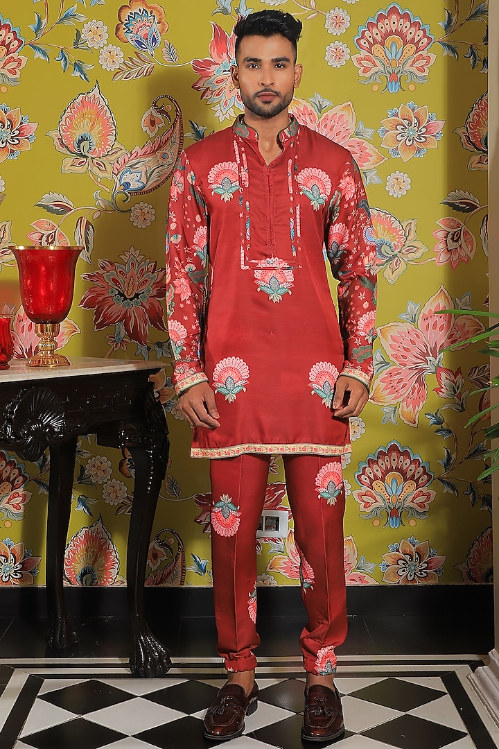 Rustic Red Silk Printed Kurta Set by YAJY By Aditya Jain