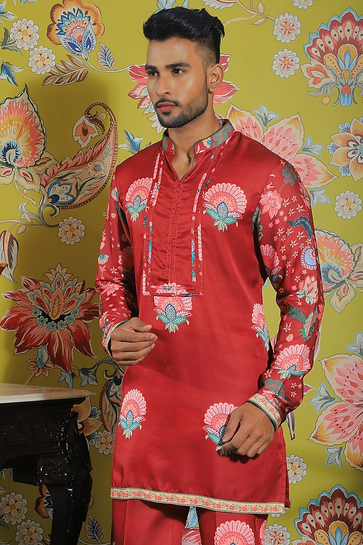 Rustic Red Silk Printed Kurta Set by YAJY By Aditya Jain at Pernia's Pop Up Shop