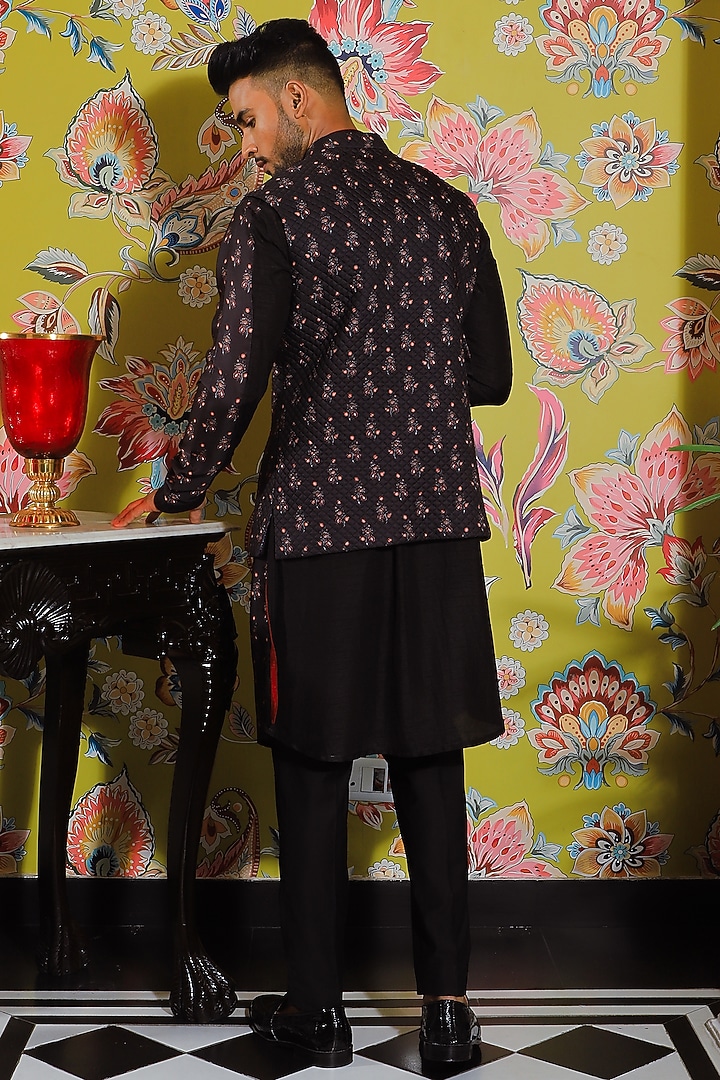 Black Silk & Stretch Cotton Printed Kurta Set by YAJY By Aditya Jain at Pernia's Pop Up Shop