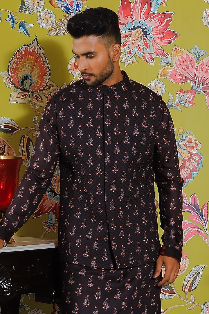 Black Silk & Stretch Cotton Printed Kurta Set by YAJY By Aditya Jain at Pernia's Pop Up Shop