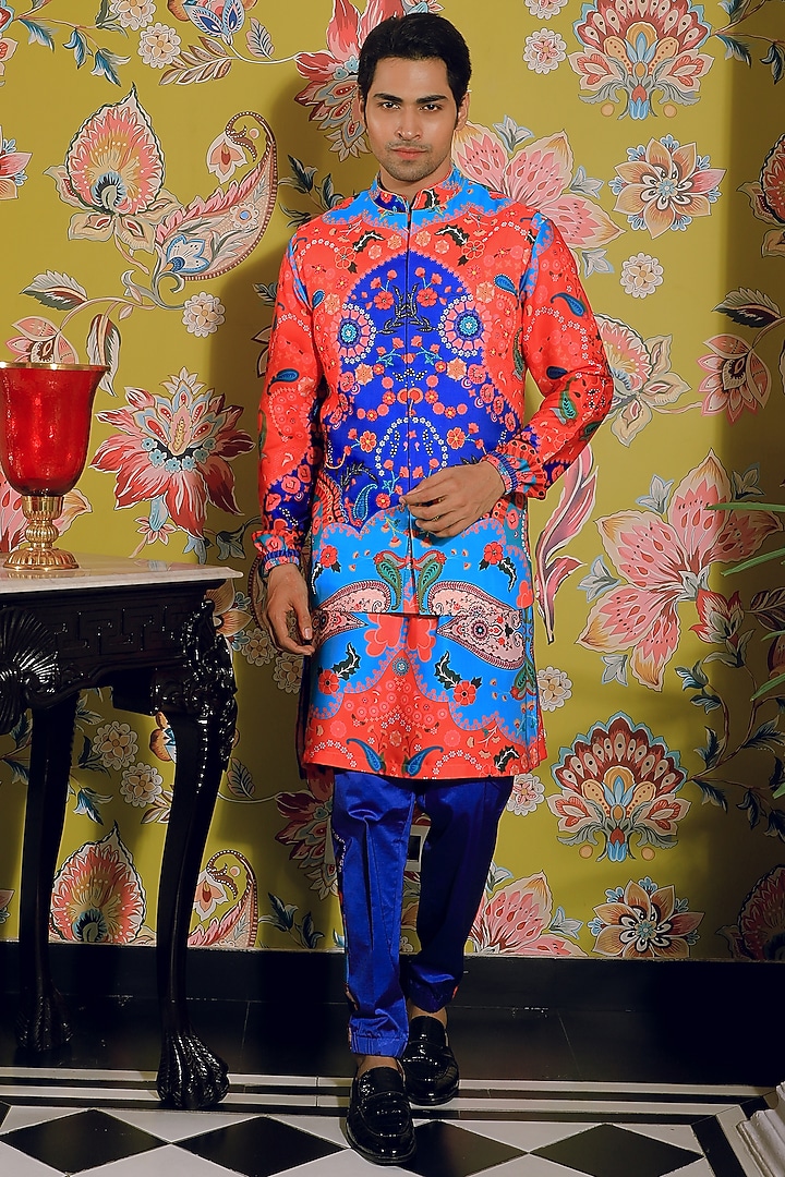 Electric Blue Silk & Stretch Cotton Printed Kurta Set by YAJY By Aditya Jain at Pernia's Pop Up Shop