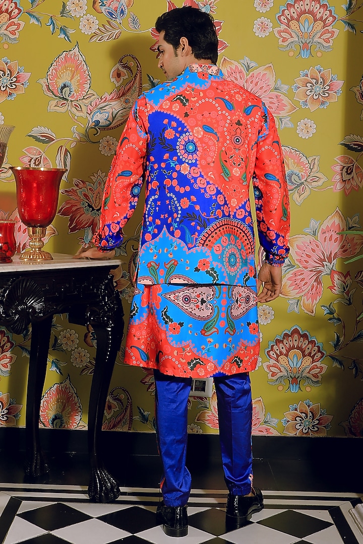 Electric Blue Silk & Stretch Cotton Printed Kurta Set by YAJY By Aditya Jain at Pernia's Pop Up Shop