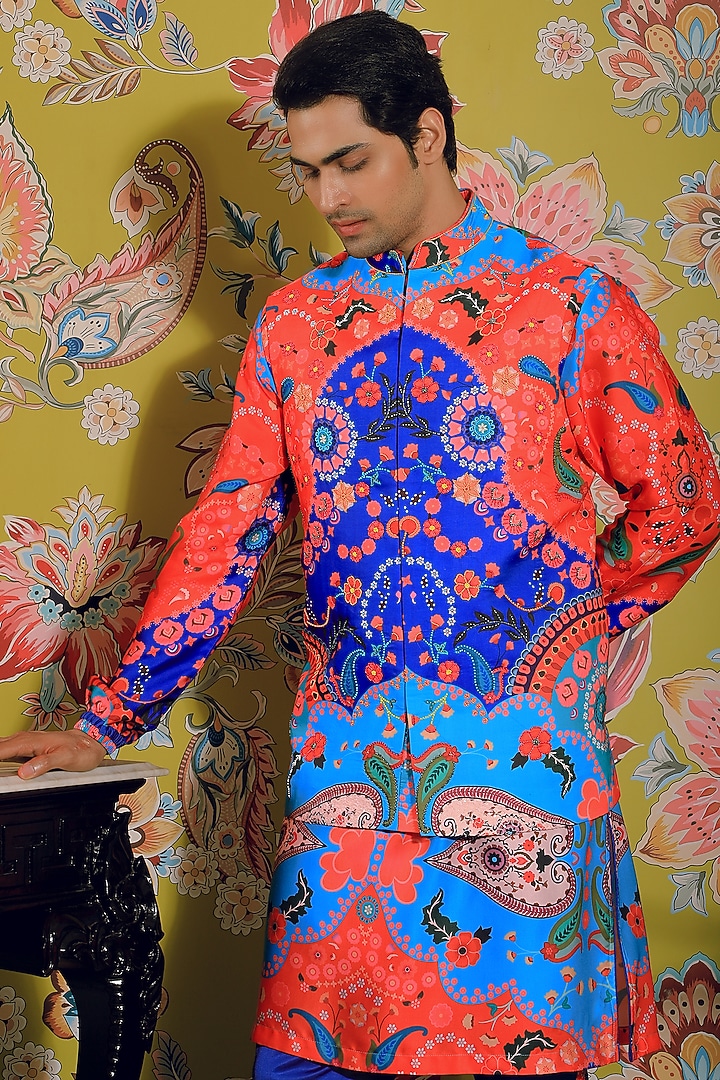 Electric Blue Silk & Stretch Cotton Printed Kurta Set by YAJY By Aditya Jain at Pernia's Pop Up Shop
