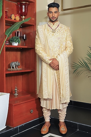 Ivory Silk & Stretch Cotton Sherwani Set by YAJY By Aditya Jain
