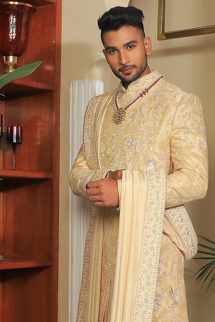 Ivory Silk & Stretch Cotton Groom Sherwani Set by YAJY By Aditya Jain at Pernia's Pop Up Shop