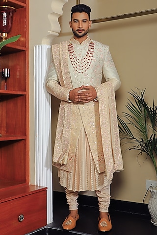 Off-White Silk & Stretch Cotton Sherwani Set by YAJY By Aditya Jain