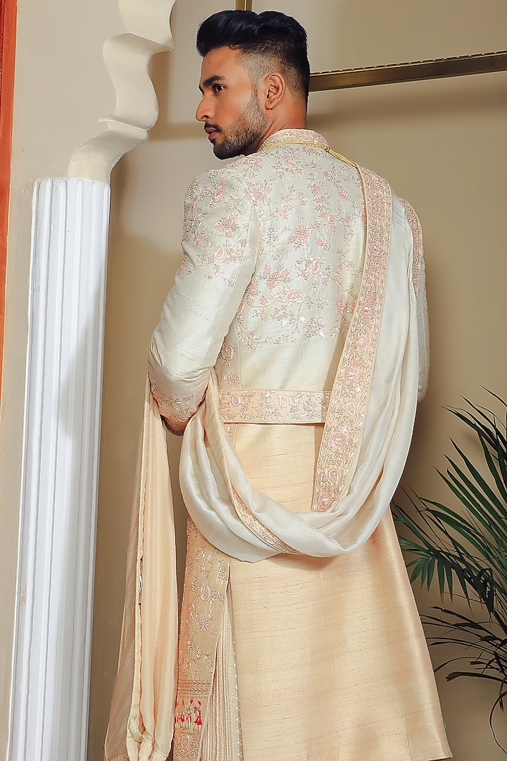 Off-White Silk & Stretch Cotton Groom Sherwani Set by YAJY By Aditya Jain at Pernia's Pop Up Shop