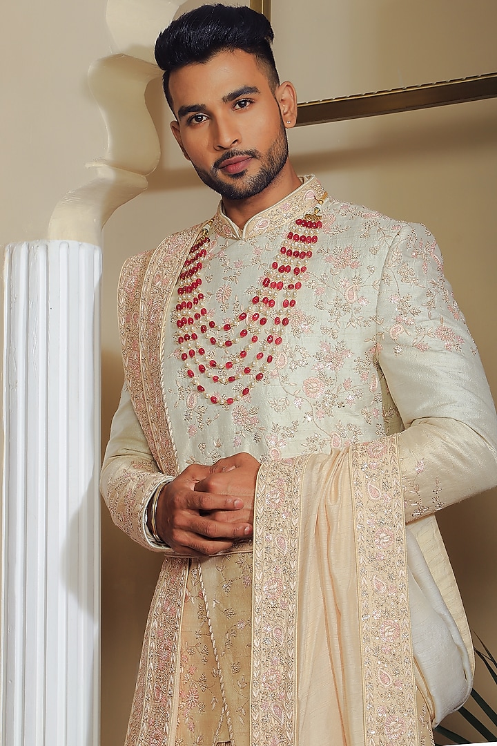 Off-White Silk & Stretch Cotton Groom Sherwani Set by YAJY By Aditya Jain at Pernia's Pop Up Shop
