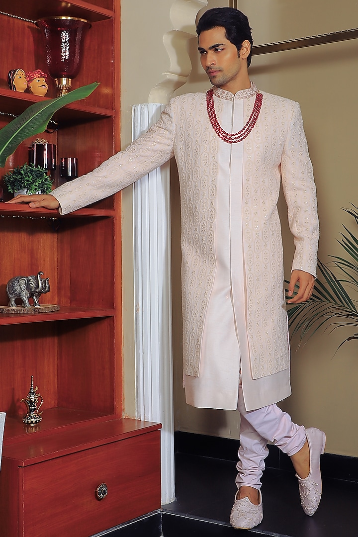 Baby Pink Silk & Stretch Cotton Sherwani Set by YAJY By Aditya Jain
