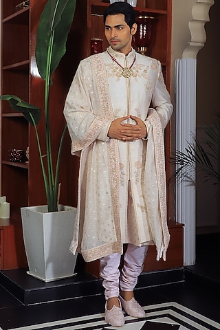 Off-White Silk & Stretch Cotton Sherwani Set by YAJY By Aditya Jain