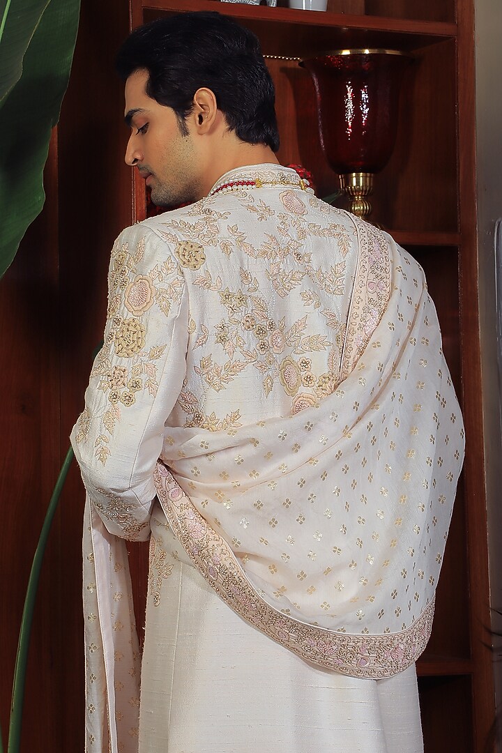 Off-White Silk & Stretch Cotton Groom Sherwani Set by YAJY By Aditya Jain at Pernia's Pop Up Shop