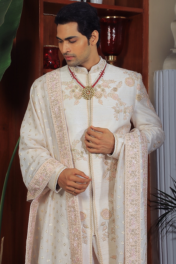 Off-White Silk & Stretch Cotton Groom Sherwani Set by YAJY By Aditya Jain at Pernia's Pop Up Shop