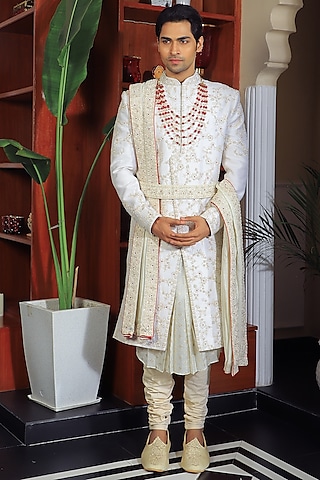 Off-White Silk & Stretch Cotton Sherwani Set by YAJY By Aditya Jain