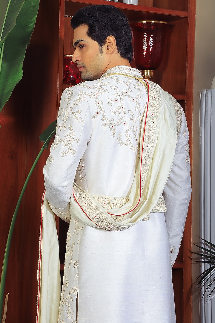 Off-White Silk & Stretch Cotton Groom Sherwani Set by YAJY By Aditya Jain at Pernia's Pop Up Shop