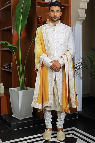 Ivory Silk & Stretch Cotton Sherwani Set by YAJY By Aditya Jain