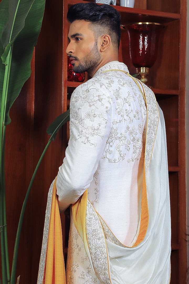 Ivory Silk & Stretch Cotton Groom Sherwani Set by YAJY By Aditya Jain at Pernia's Pop Up Shop