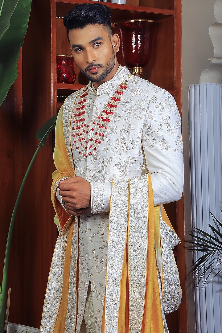 Ivory Silk & Stretch Cotton Groom Sherwani Set by YAJY By Aditya Jain at Pernia's Pop Up Shop