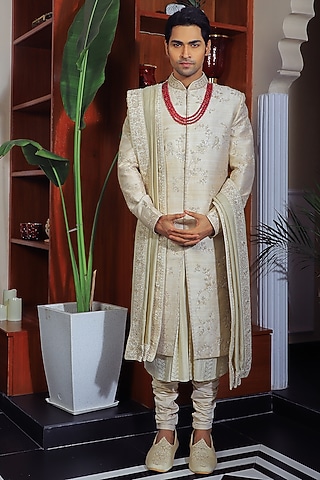 Ivory Silk & Stretch Cotton Sherwani Set by YAJY By Aditya Jain