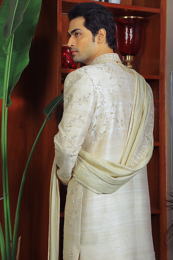 Ivory Silk & Stretch Cotton Groom Sherwani Set by YAJY By Aditya Jain at Pernia's Pop Up Shop