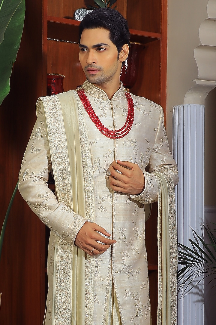 Ivory Silk & Stretch Cotton Groom Sherwani Set by YAJY By Aditya Jain at Pernia's Pop Up Shop
