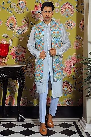 Aqua Blue Silk Printed Nehru Jacket by YAJY By Aditya Jain