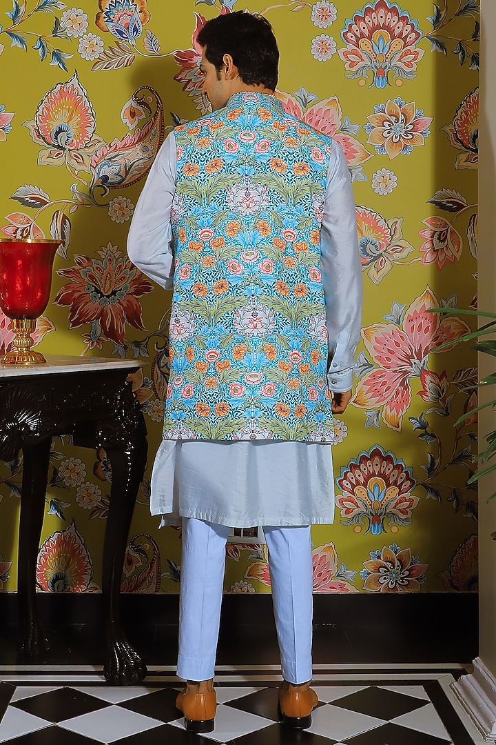 Aqua Blue Silk Printed Nehru Jacket by YAJY By Aditya Jain at Pernia's Pop Up Shop