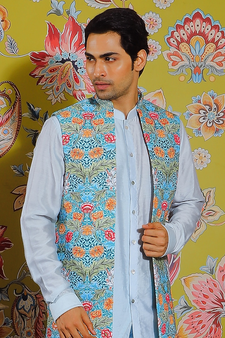 Aqua Blue Silk Printed Nehru Jacket by YAJY By Aditya Jain at Pernia's Pop Up Shop