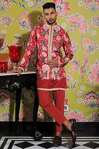Rustic Red Silk Printed Nehru Jacket by YAJY By Aditya Jain