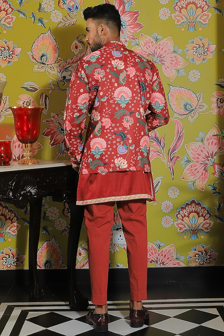 Rustic Red Silk Printed Nehru Jacket by YAJY By Aditya Jain at Pernia's Pop Up Shop