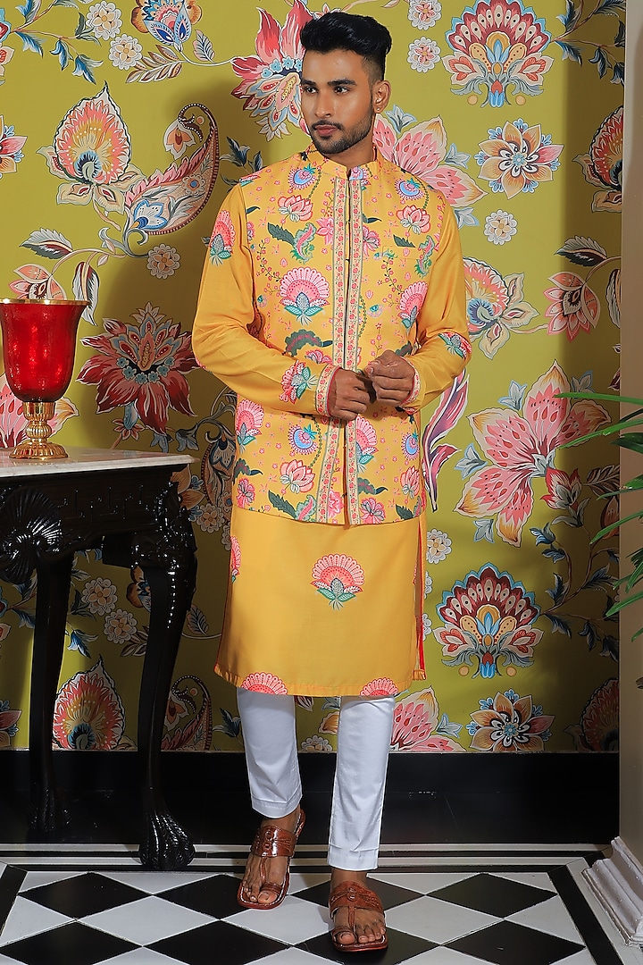 Mustard Yellow Silk Printed Nehru Jacket by YAJY By Aditya Jain