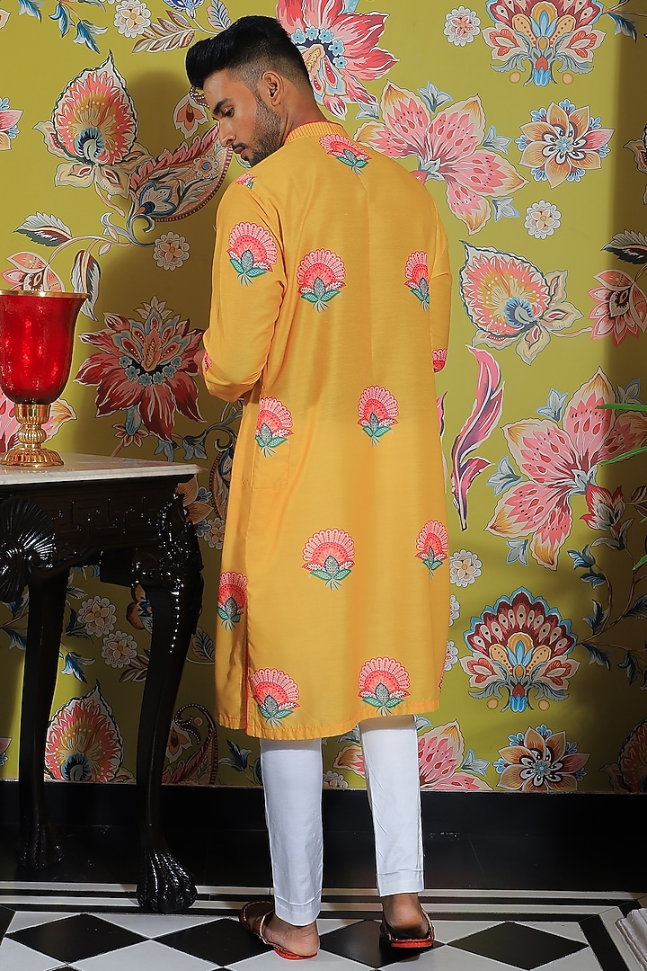 Mustard Yellow Silk Printed Nehru Jacket by YAJY By Aditya Jain at Pernia's Pop Up Shop