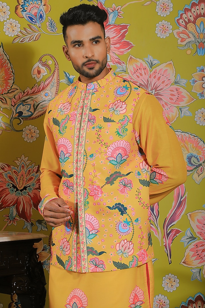 Mustard Yellow Silk Printed Nehru Jacket by YAJY By Aditya Jain at Pernia's Pop Up Shop