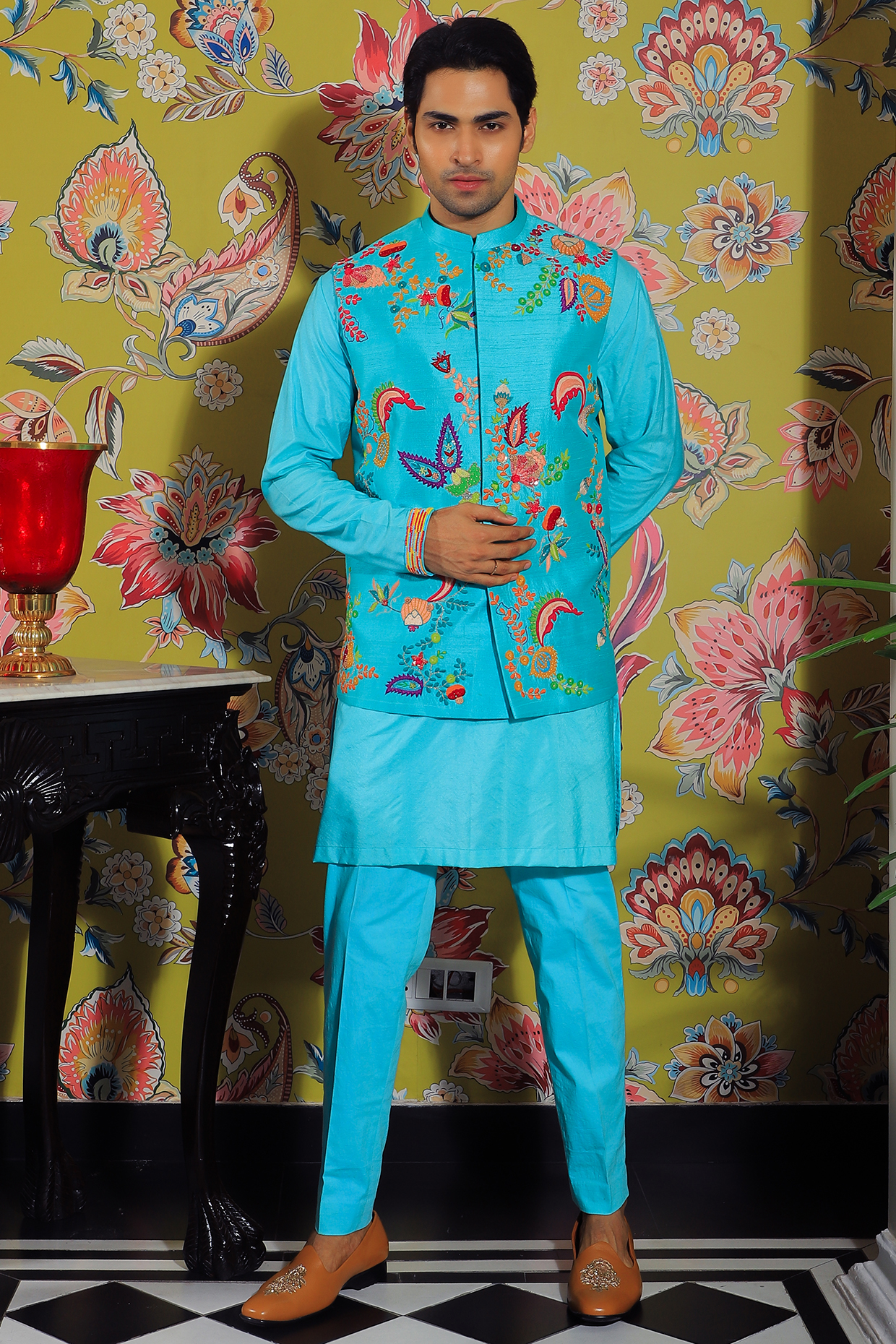 Blue Silk Nehru Jacket by YAJY By Aditya Jain at Pernia's Pop Up Shop