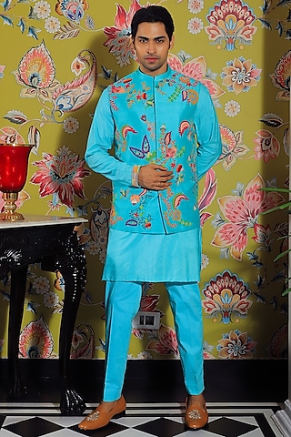 Blue Silk Nehru Jacket by YAJY By Aditya Jain