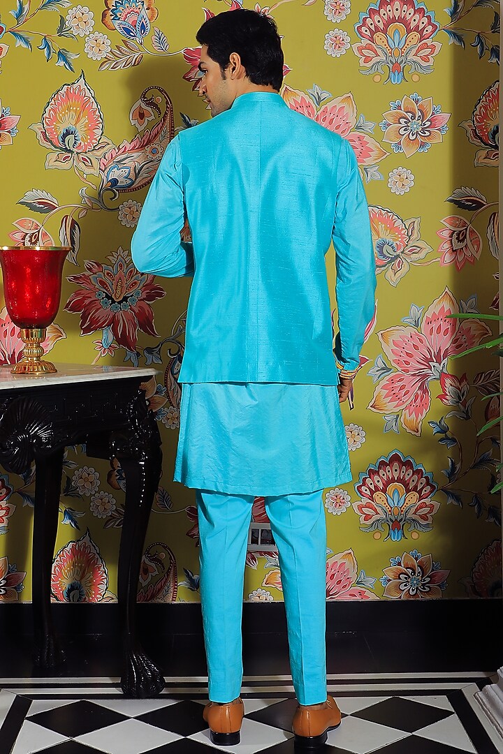 Blue Silk Nehru Jacket by YAJY By Aditya Jain at Pernia's Pop Up Shop