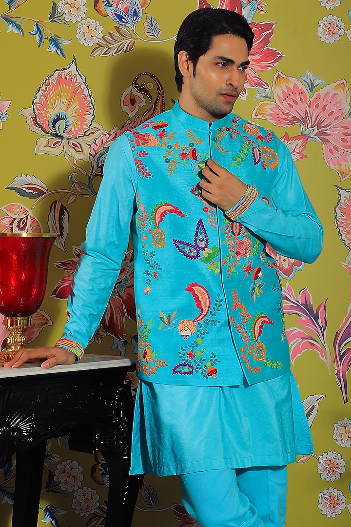 Blue Silk Nehru Jacket by YAJY By Aditya Jain at Pernia's Pop Up Shop