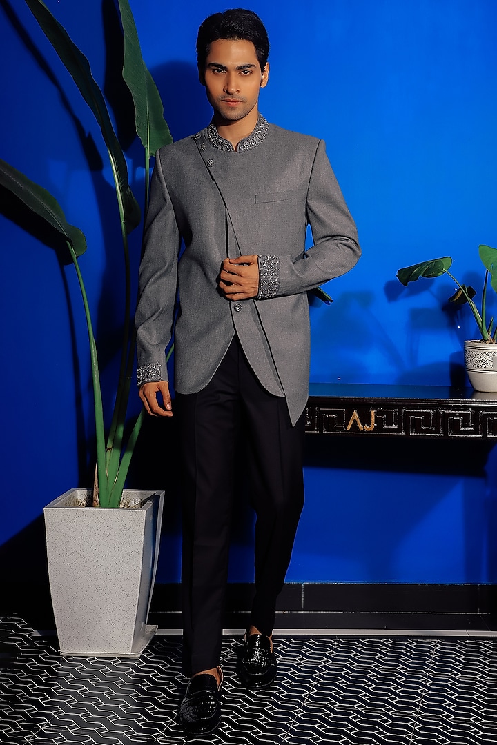 Steel Grey Italian Suiting Bandhgala Set by YAJY By Aditya Jain