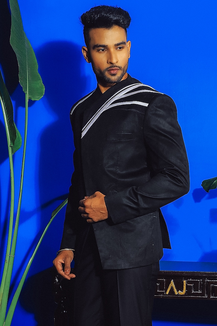 Black Suede Wedding Bandhgala Set by YAJY By Aditya Jain at Pernia's Pop Up Shop