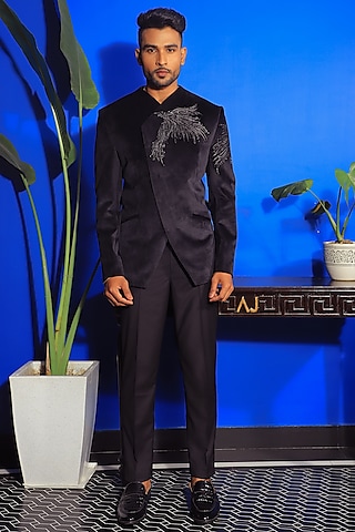 Black Suede Bandhgala Set by YAJY By Aditya Jain