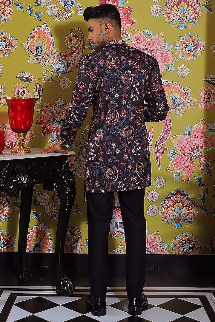 Black Silk Printed Paneled Indo-Western Set by YAJY By Aditya Jain at Pernia's Pop Up Shop